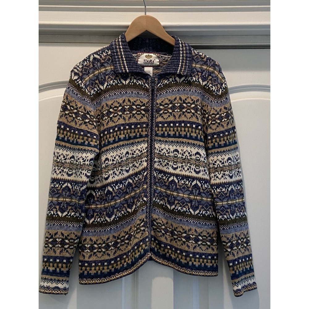 Vintage Tiara International Fair Isle M Women's‎ Sweater Full Zip Striped Boho